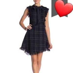 Onebuye Tweed Asymmetrical Sleeveless Raw Hem Blue Plaid Dress